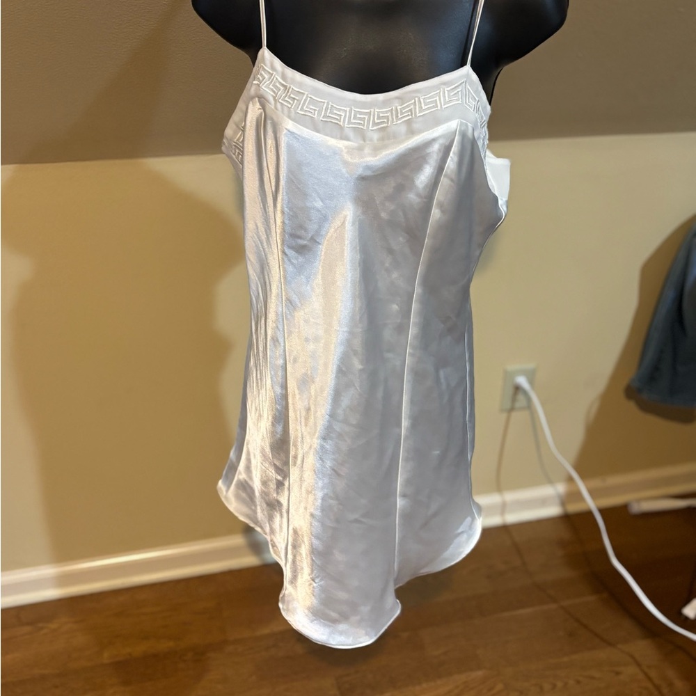 Vintage Vertigineux White Satin Slip Dress Greek Key Trim Y2K Size L - Picture 2 of 10